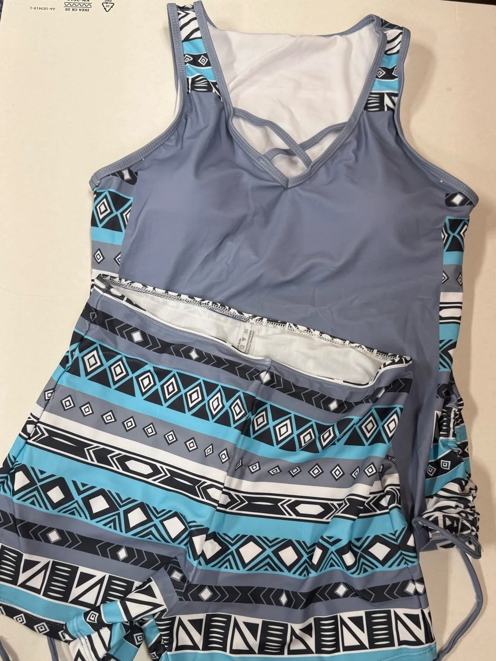 NWT Blue & White Ikat Print Tankini Swimsuit Set w/ Boy Shorts - L